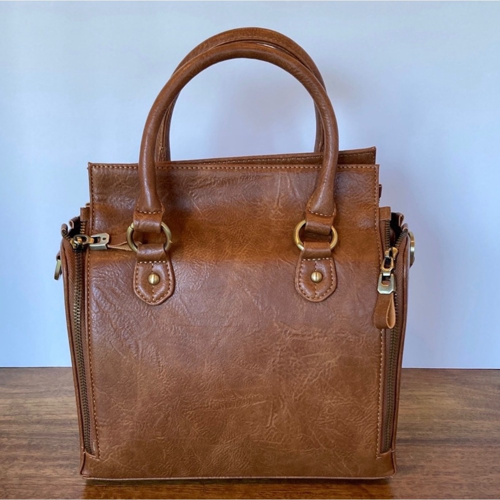 Cobbler Legend Brown Leather Satchel Crossbody Bag Organizer Handbag Cognac